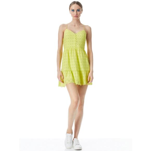 NEW Alice + Olivia FAE SPAGHETTI STRAP MINI DRESS Lemon Green Color Size 4